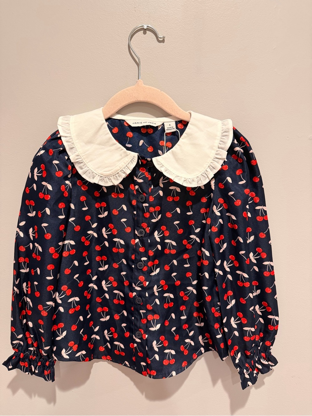 Janie and Jack Navy Cherry Print Blouse with White Ruffle Collar